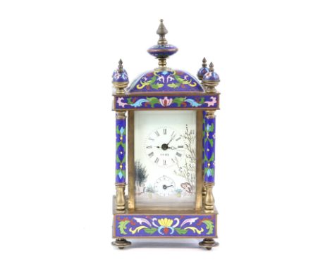 20th century cloisonné blue ground mantle clock, by M D Cer, with enamelled panels of a woman playing a flute, subsidiary ala