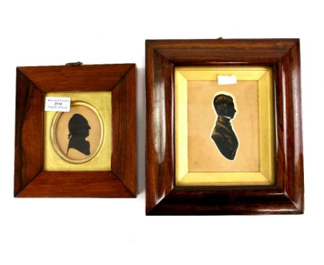 Two 19th century portrait silhouettes of gentlemen, one with gilt highlights, in rosewood frames, 13 x 10 and 8.5 x 7.5 cms