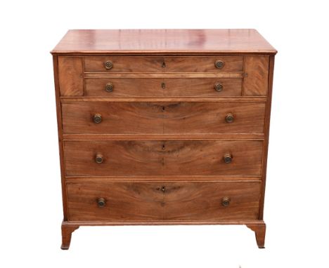 19th century mahogany secretaire, drawer enclosing pigeon holes and drawers, over three long graduated drawers on bracket fee