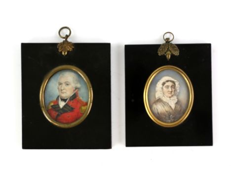 Pair of 19th century oval portrait miniatures depicting an army officer and a lady in a bonnet, 6.2cm x 5.2cm, (2),PLEASE NOT