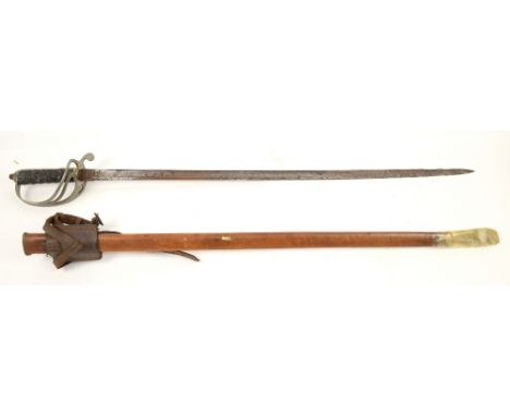 Early 20th century dress sword, with silver-plated pierced hand guard, in leather scabbard, 89 cm long.     .     