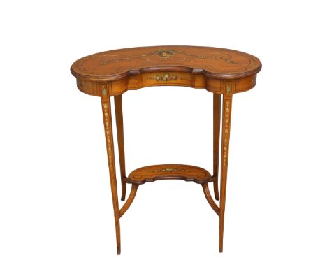 19th century satinwood kidney shaped occasional table, the top with a cartouche painted with a portrait of a young woman and 