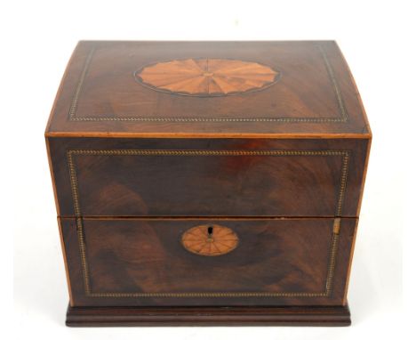 19th century mahogany partly inlaid decanter box with six decanters 23x 29cm .     .     