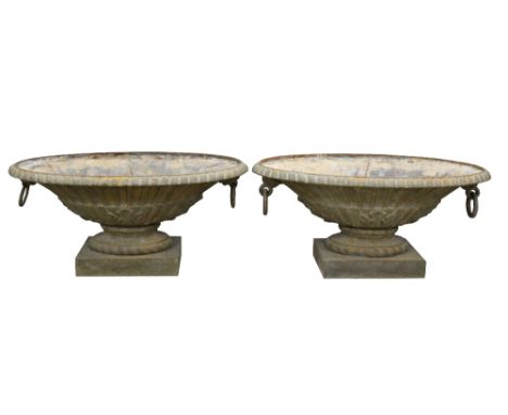 Early 20th century pair of cast iron oval garden urns, with ring handles, on rectangular bases, 37 cm x 80 cm (2) Provenance 