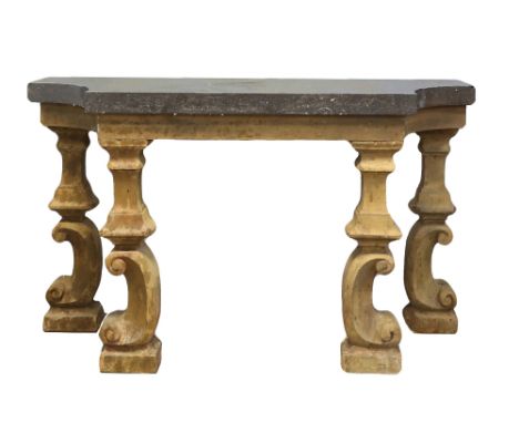 Pair of marble topped console tables, with scroll legs made from antique parts, 150 cm wide x 91 cm high (2)  .     .     