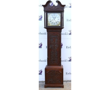 18th century oak eight day longcase clock, the brass dial with silvered chapter ring, painted moon phase dial and date dial, 