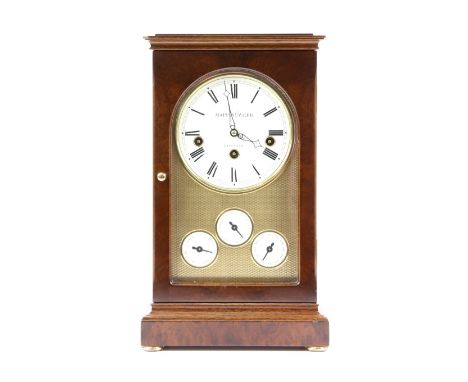 Mappin and Webb walnut cased mantle clock the three train movement with subsidiary dials for hour, day and month. 36cm x 14cm