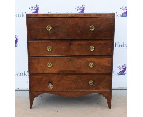 19th century mahogany secretaire chest, with fitted drawer with drawers and pigeon-holes, above three drawers on bracket base