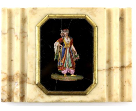 19th century cream marble and micro-mosaic desk stand with a figure in Albanian robes holding flowers, 11cm x 15cm,  the mosa