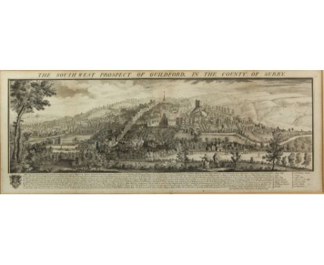 18th century print, The Southwest Prospect of Guildford, in the County of Surry', dated 1738, 32cm x 82.5cm,.     .     