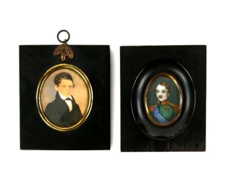 19th century Oval portrait miniature of an officer in a green jacket, 5.5cm x 4cm and another of a young man in a black jacke