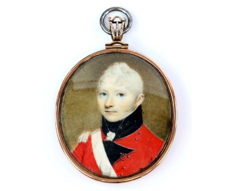 Early 19th C portrait miniature of a young man in military uniform, painted on ivory, reverse hair work panel with seed pearl