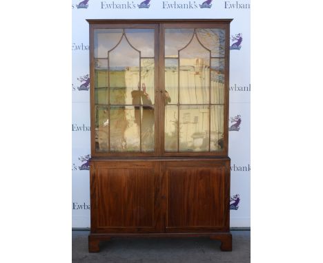 19th century mahogany and boxwood strung  bookcase cabinet, with two glazed doors above two cupboard doors, on bracket base 2