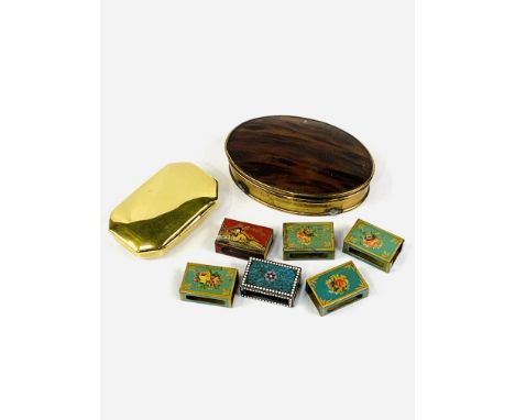 Brass snuff box; 6 enamel hand-painted matchboxes; and a brass trinket box with tortoise shell lid. Estimate £20-30