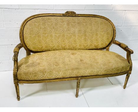 Regency gilt carved framed salon sofa, in original brocade upholstery, 155 x 75 x 100cms. Estimate £200-300.