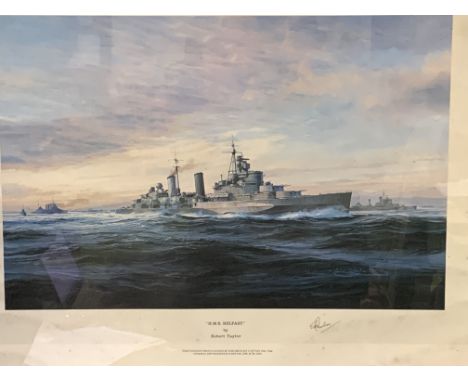 First edition print of HMS Belfast by Robert Taylor, signed by Admiral F Parham, Captain from 1942-1944, 49 x 53cms;together 