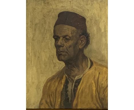 Unframed oil on canvas, signed bottom right, portrait of a man wearing a fez, 60 x 50cms. Estimate £40-60.