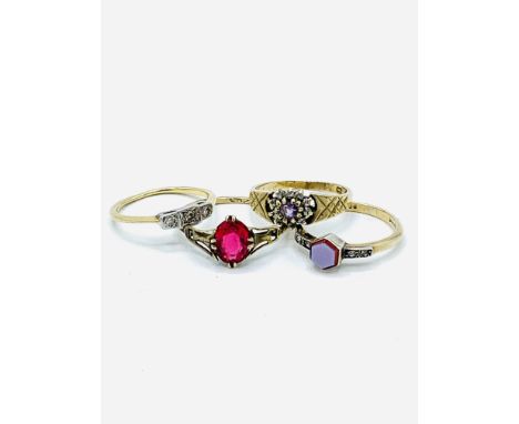 9ct gold and platinum set 3 stone diamond ring, size J 1/2, weight 1.6 gms; 9ct gold ring set with an hexagonal pale purple s