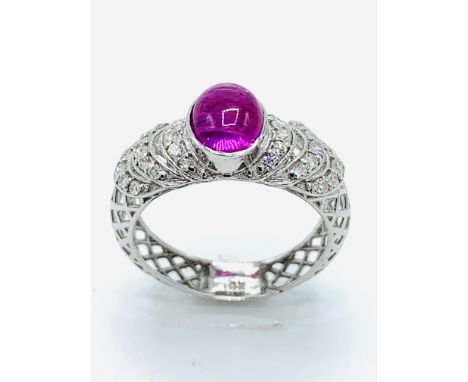 18ct white gold and Burmese ruby diamond set filigree ring, ruby 6.5 x 5 mms, size K. Estimate £750-900