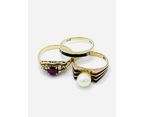 14ct gold, ruby and diamond ring, size M, weight 2.6 gms; 14ct gold, diamond and square cut coloured stones ring, size I 1/2,