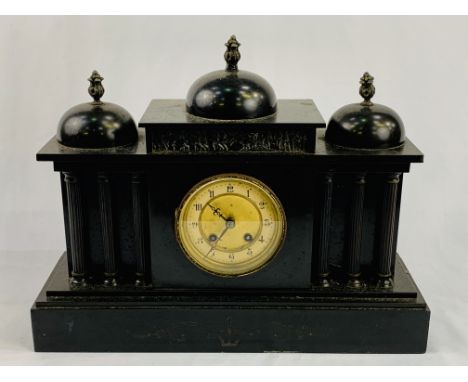 Slate mantel clock, complete with key, one finial as found, 45 x 14 x 35cms. Estimate £20-30.