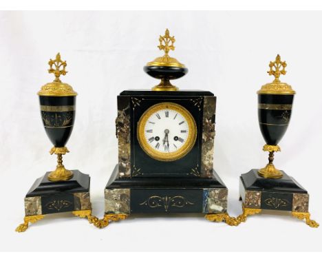 Slate and marble ormolu mounted mantel clock with garnitures, height of clock 39 cms, garnitures 34 cms. Estimate £50-80