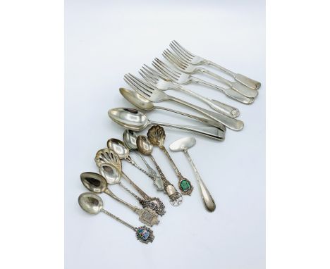 Hallmarked silver fork; 3 continental silver spoons; an 800 silver baby's pusher; and 12 various items of silver plated cutle