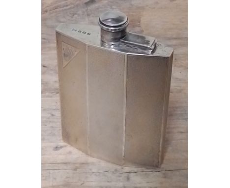 A George VI Art Deco style hallmarked silver hip flask, bayonet fitting, Walker &amp; Hall, Birmingham 1947, length 13.5cm, w