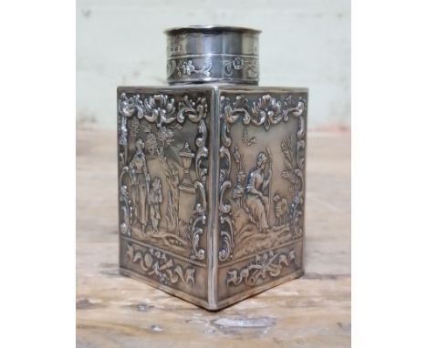 A Dutch imported silver caddy, of rectangular form and embossed with scenes, Berthold Hermann Muller, London import 1912, hei