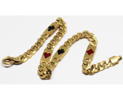 A hallmarked 9ct gold bracelet, four panels with enamelled playing card suits, length 21cm, wt. 11.8g.  