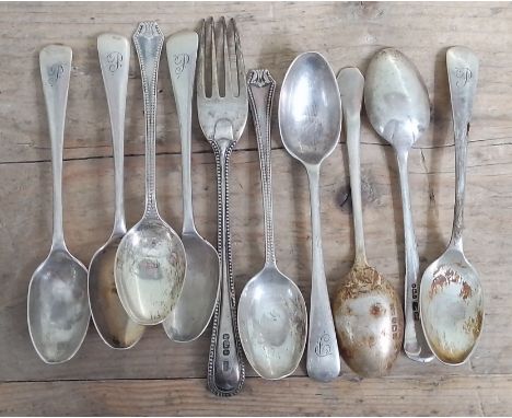 Assorted hallmarked silver spoons and a fork, wt. 6ozt.  