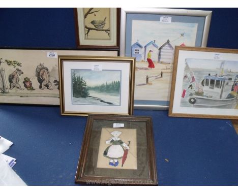A framed print 'Dirty Dogs of Paris', signed watercolour of a Dutch lady with umbrella, watercolour of a bird on a branch, S.
