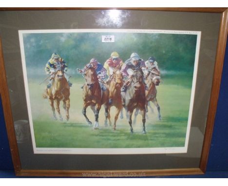 A framed and mounted limited edition print of Horse Racing by Peter Curling, no.313/500, 29'' x 23''.