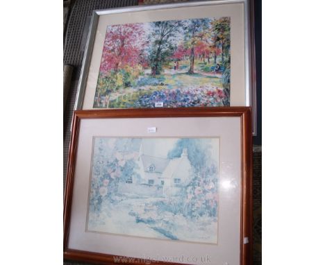 A large framed print of a Park scene together with a print of a cottage by Davina Darton.