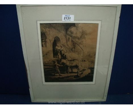 Rembrandt Print, figures outside an inn.