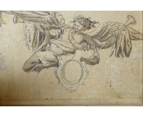 Circle of Bartolomeo Montagna, Cherub playing a pipe, pen, ink and wash, 11 x 16cm