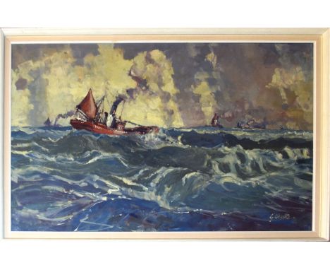Geoffrey Chatten, Seascape with YH 81 at sea, oil on board, signed lower right, 74 x 120cm