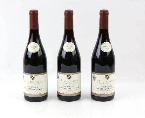 Three bottles of Bourgogne Hautes De Nuits 2014 vintage red wine, L. Couturier Pere & Fils Condition Report:  Has previously 