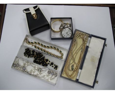 A "Rolled Gold" Bangle, imitation and other beads and other necklaces, ring and a hallmarked silver cased openface pocketwatc