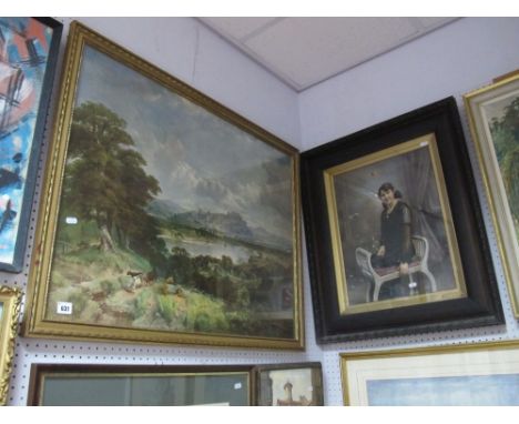 Overpainted Portrait of an Early XX Century Lady, 47 x 36.5cms, panoramic scene print. (2) 