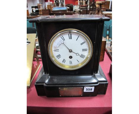 XIX Century Black Slate Mantel Clock, black Roman numerals to white enamel dial, GH.VCNE 29427, to brass back plate, silver p