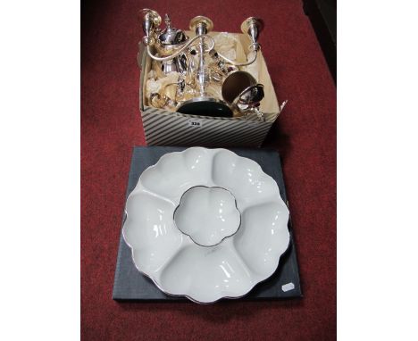 A Silver Plated Four Piece Tea Set, each of plain baluster form; together with a twin branch candleabrum and a Royal Worceste