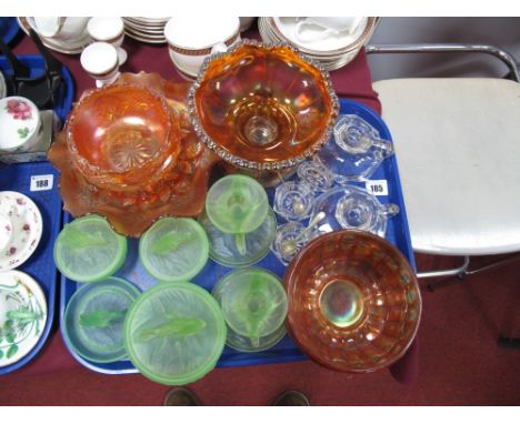 Early XX Century Green Frosted Glass Dressing Table Set, candlesticks, ring tree, trinket bowl and covers, all decorated with