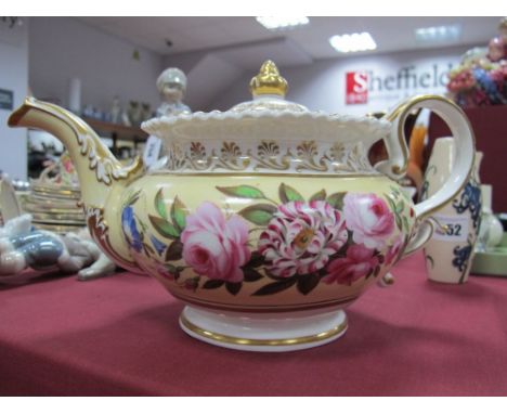 A Circa 1840 Teapot, of squat baluster form, hand painted decoration of roses, passion flowers and foliage on a cream ground,