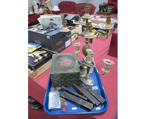 Five Mid XX Century Cutthroat Razors, varying designs (all cased), a pair of Huntly & Palmers biscuit tins, cast brass five b