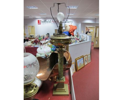 Early XX Century Brass Oil Lamp, with ribbon embossed well, stepped base and onyx cylindrical pedestal (cracked)- Converted f