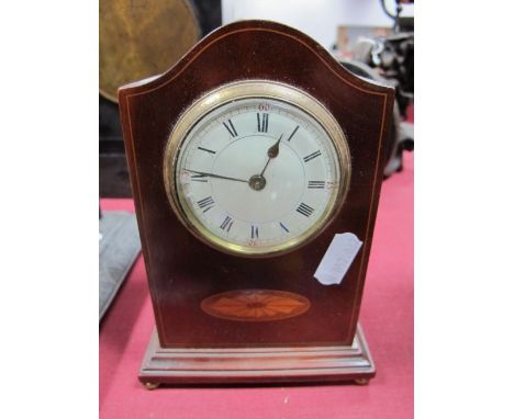 Edwardian Mahogany Mantel Clock, with batwing inlay, black Roman numerals to white dial. 
