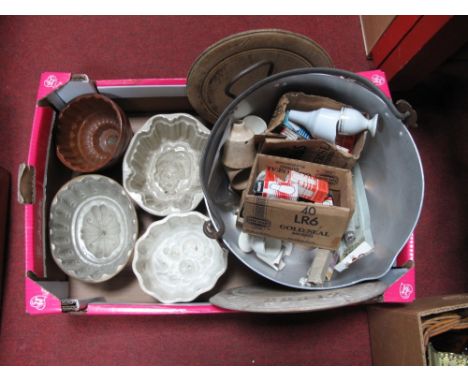 Four Stoneware Jelly Moulds, aluminium jam pan, pie funnels, light bulbs, bread boards:- One Box