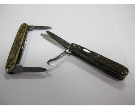 A Small Multi Blade Folding Pocket Knife, including a hallmarked silver blade, button hook etc; together with another example