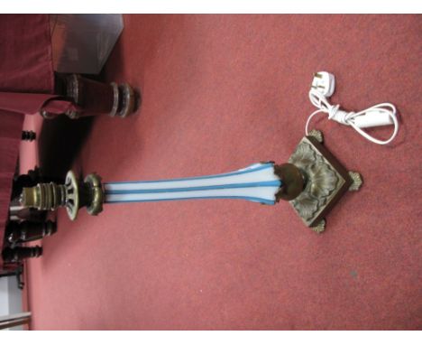 A Victorian Blue and White Overlaid Glass and Brass Mounted Pillar Oil Lamp, on turned knop and foliate decorated square base